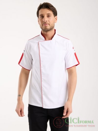 Beyaz Renk Kırmızı Çizgili Aşçı Forması Üst