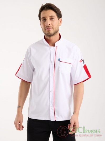 Beyaz Renk Kırmızı Çizgili Cepli Aşçı Forması Üst
