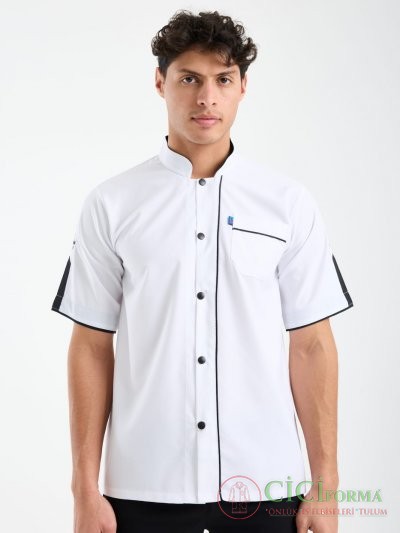 Beyaz Renk Siyah Çizgili Cepli Aşçı Forması Üst