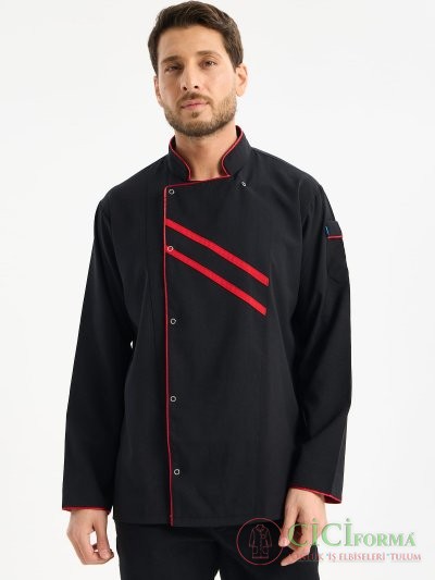 Siyah Renk Kırmızı Biyeli Aşçı Üstü