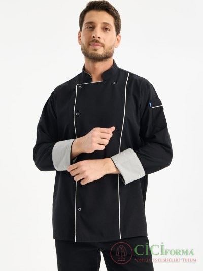 Siyah Renk Gri Biyeli Aşçı Üstü